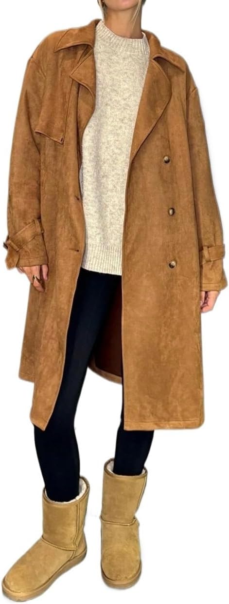 Womens Fashion Trench Outwear Suede Trench Coat Jacket Coat