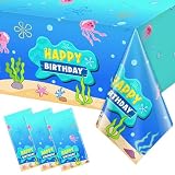 Denwiller 3 Pcs Blue Ocean Birthday Party Tablecloth Decorations, Disposable Happy Birthday Table Cover Blue Ocean Jellyfish Seaweed Tablecloth for Rectangle Table Baby Shower Party Supplies, 108x54”