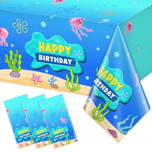 Denwiller 3 Pcs Blue Ocean Birthday Party Tablecloth Decorations Disposable Happy Birthday Table Cover Blue Ocean Jellyfish Seaweed Tablecloth for Rectangle Table Baby Shower Party Supplies 108x54
