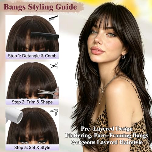 FLORVAE Long Wig with Bangs,4x4 Realistic Scalp Free Parting Wig,26 Inch Ombre Ash Brown Mix Platinum Blonde Layered Wigs for Women Synthetic Heat Resistant for Daily Party Use — view 2