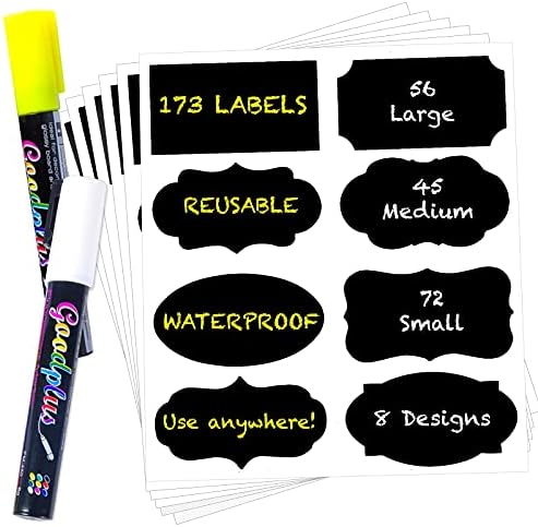 173 Pack Premium Chalkboard Label Stickers Bulk with 2 Chalk Markers, Reusable, Removable, and Waterproof Food Labels for Kitchen and Pantry Containers, Mason Jars, Kids' Bottles, and Storage Bins