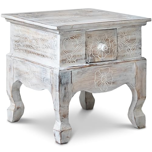 Livasia Table d’Opium de Bali, Table d’appoint, Table de Chevet, Durable et Fait Main, 39x39x39cm (Blanc)