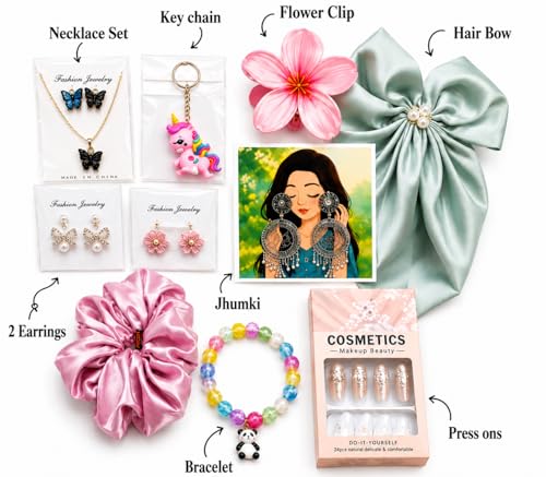 Image of Girls Fashion Accessories teues Gift Hamper Box | Korean Style Jewellery, Hair Bow, Scrunchie, Bracelet, Earrings, Nail Tips & Cute Accessories Combo for Women & Girls