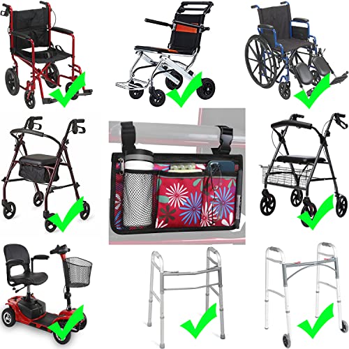 Wheelchair Side Organizer Storage Bag Armrest Pouch With Cup Holder And Reflective Stripe Use Waterproof Fabric, For Most Wheelchairs, Walkers Or Rollators (Red Fireworks) #TOP5