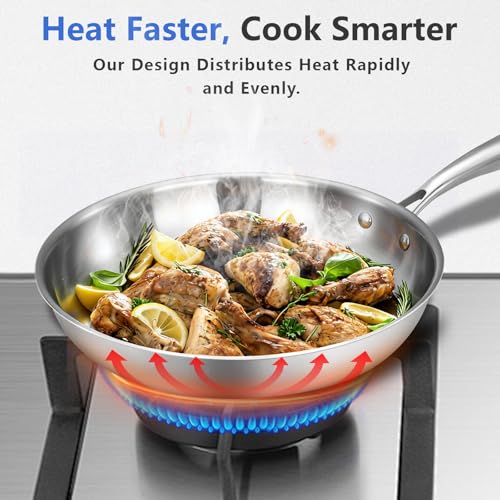 Image of SAKAMOSH 12 Inch Tri-Ply Stainless Steel Frying Pan, Induction Compatible Skillet, Large Frying Pan, Oven and Dishwasher Safe, Fast & Even Heat, PFOA & PTFE Free