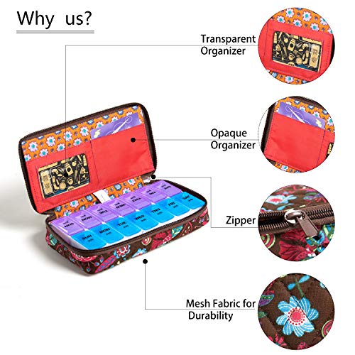 Image of Weekly Pill Organizer 2 Times a Day, Zumd Pill Box 7 Day with Cute Quilted Fabric Zipper Case, Travel Pill Case Am Pm for Vitamin Medicine Organizer