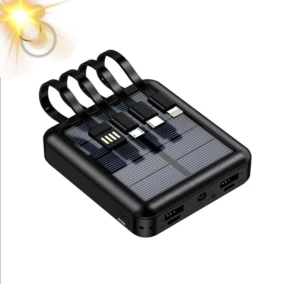 POWER BANK CARICABATTERIA PORTATILE 10000MAH CON PANNELLO SOLARE E CAVI INTEGRATI, CARICA BATTERIA 4 IN 1 RICARICA SOLARE USB-C USB-A e MICROUSB - DISCORAMA® (Mini Power Bank)