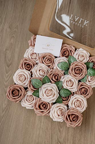 Breeze Talk Artificial Flowers Warm Taupe & Nude Roses 25Pcs Realistic Fake Roses W/Stem For Diy Wedding Bouquets Centerpieces Arrangements Party Baby Shower Home Decorations #TOP3
