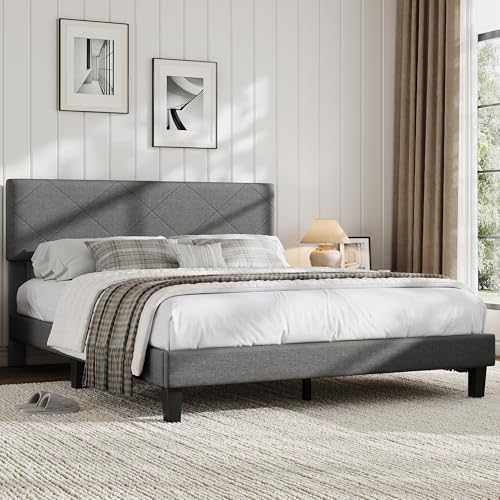 GarveeHome Full Upholstered Bed Frame with Asymmetric Headboard, Durable Wooden Slats, Sturdy Framework and Heavy Duty, Noise Free Sleep, No Box Sprin