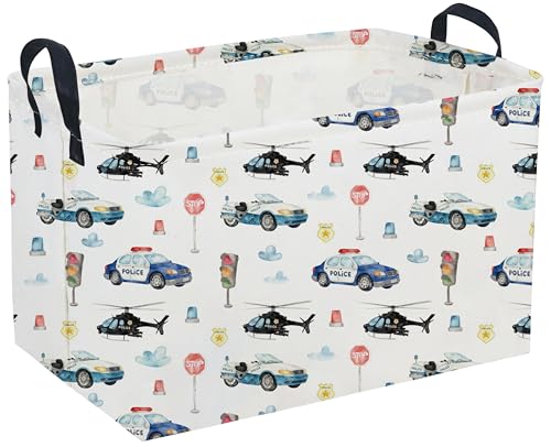 Image of Sanjiaofeng Rectangular Police Car Storage Basket,Boys Toy Storage Bin,Nursery Hamper,Kids Storage Basket with Handles for Car Decor,Home Organizer,Books Box,Gift Baskets(Police Cars)