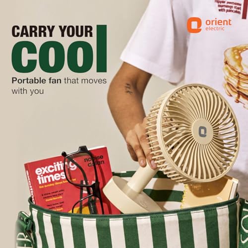 Image of Orient Electric Elfie Rechargeable Personal Fan | 90 Adjustable Airflow | 1800 mAh Battery | 4 Speed Modes | Quiet Operation | USB Type-C Charging | Compact Mini Fan (Beige)