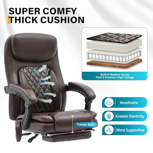 Image of 6-Point Massage Office Chair with Heated, Ergonomic Office Chair with Footrest & 45Reclining High Back, Big and Tall Executive Office Chair 500LBS, Thick Cushion Desk Chair for Home Office, Brown(PU)