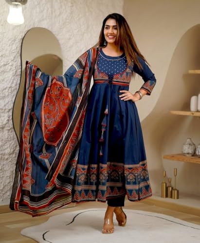 RangMahal Women's Cotton Print Anarkali Kurti Pant & Malmal Dupatta (Blue) (US, Alpha, Large, Regular, Regular, Blue)2