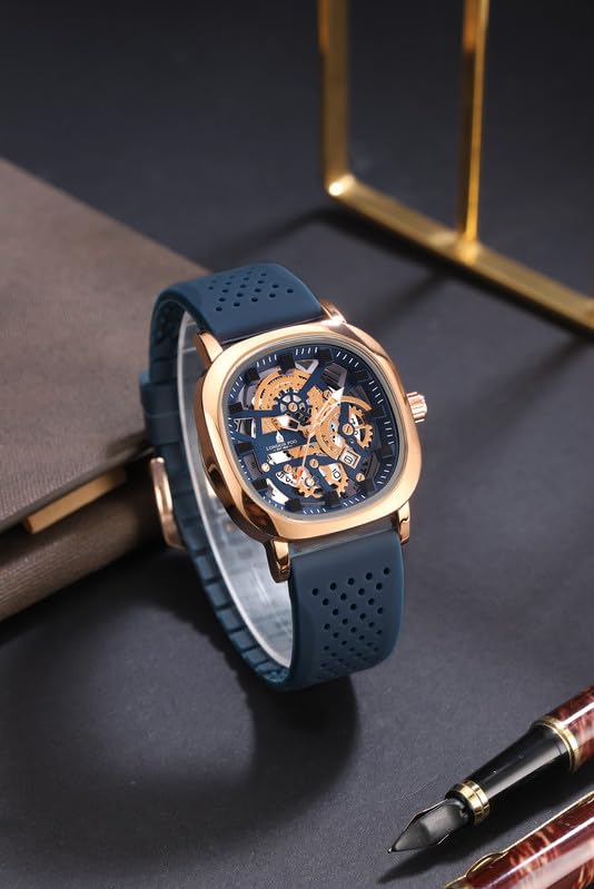 Image of London Fog Strand Collection Skeleton Style Quartz Watch for Men with Cushion Shaped Case, Date Display, Luminous Hands & Baton Hour Markers and Perforated Silicone Strap - LFM10026