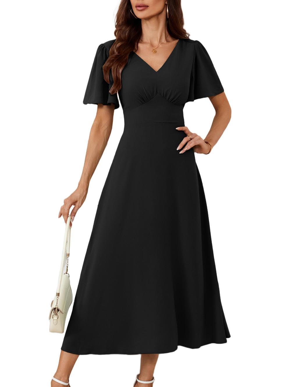 GRACE KARIN Damen Sommer V-Ausschnitt Cape Ärmel Freizeitkleid Kurzarm A-Linie Cocktailkleid Elegant für Hochzeit Party