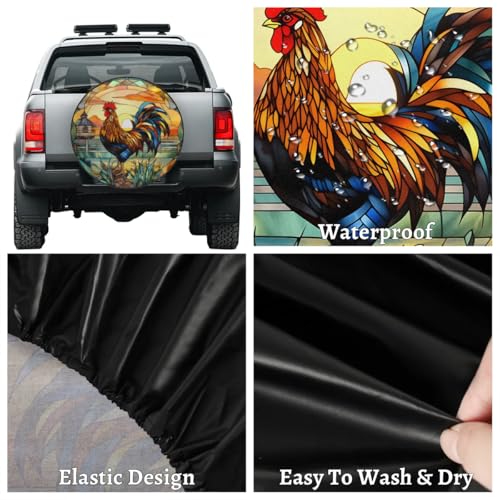 Image of Spare Tire Cover for RV Trailer, Glass Rooster Tire Covers Universal Fit for Travel Trailer Camper Jeep RV SUV Truck Waterproof Wheel Cover (15 inch for Diameter 27 inch - 29 inch),A-784