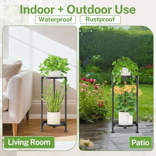 Image of iDavosic.ly 2 Tier Plant Stand Indoor with 10 Inch Wide Tray, Tiered Corner Metal Outdoor Flower Display Holder, Vertical Tall Rack for Patio Porch Living Room, Modern Black