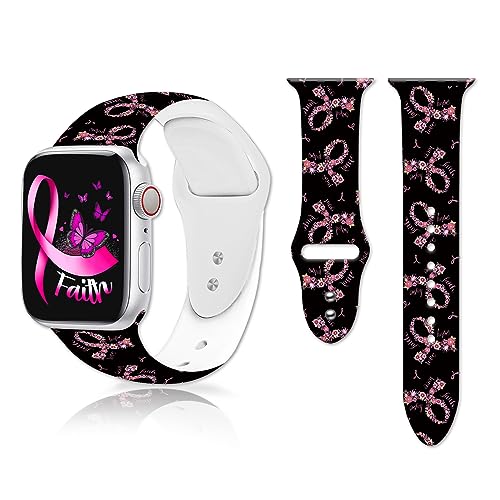 Breast Cancer Awareness Watch Band Compatible with Apple Watch 38mm 40mm 41mm,Pink Ribbons Print Smartwatch Band Adjustable Soft Silicone Sport Strap Replacement for iWatch Series SE/8/7/6/5/4/3/2/1