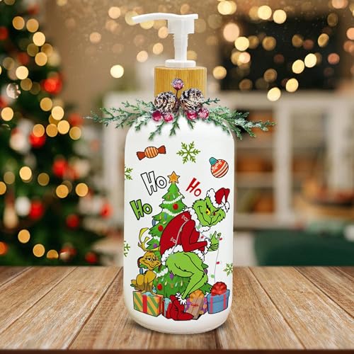 pinata Christmas Green Soap Dispenser, Christmas Kitchen Bathroom Decor, Xmas Green Glass Soap Dispenser for Home Indoor Decorations, Xmas Refillable Lotion Essential Oil Dispensers with Pump