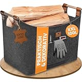 BLACK OAK Montana XXL 100L Filzkorb & Holzkorb für Kaminholz - Echt-Leder Applikation + breite Griffe + Fronttasche extra groß - Filz Tasche Korb für Holz faltbar Transport & Aufbewahrung grau