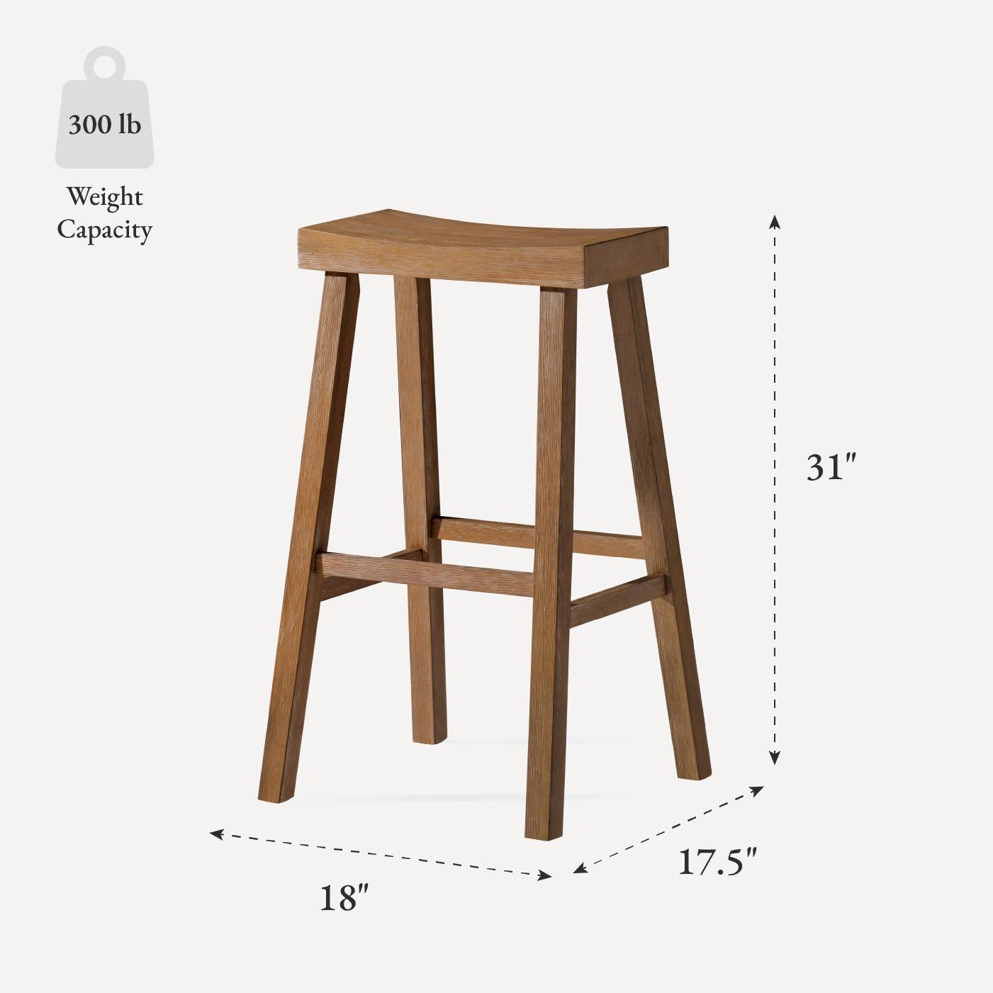 Maven Lane Vincent Bar Stool – 31 Inches – Rectangular Stool with Footrest – Natural Solid Wood – Space-Saving Design for Breakfast Bars & Tall Counters