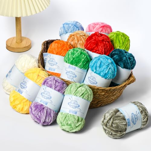 Image of 12 Pack 590 yds Chunky Chenille Yarn for Crocheting and Hand Knitting with Black Red White Green Orange Blue Plush Velvet Yarn，Baby Blanket Yarn for Crocheting Soft Amigurumi Yarn C