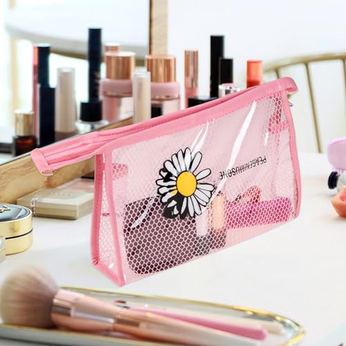 Image of Kuber Industries Toiletry Pouch | Cosmetic Makeup Pouch | Vanity Pouch for Woman | Makeup Accessories Pouch | Transparent Net Pouch | Sunflower-Cosmetic Pouch | Pink