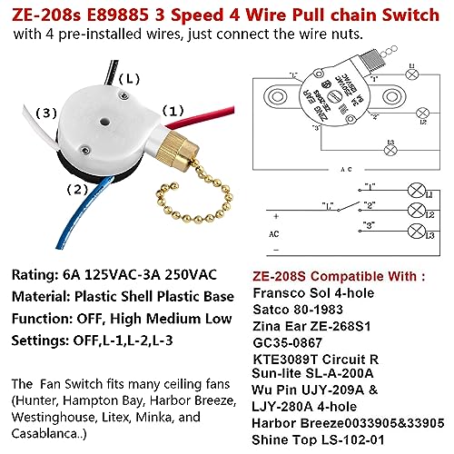 Image of Ceiling Fan Switch Zing Ear ZE-208s E89885 3 Speed 4 Wire Pull Chain Switch Fan Light Switch Replacement Part with 4 Pre-Installed Wires(Brass Chain)
