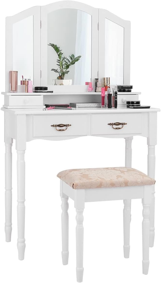 LDAILY Vanity Table Set w/Tri-Folding Mirrors, Dressing Table with Printed Cushioned Stool & 4 Drawers, Modern Home Makeup Vanity Desk for Women & Girls (White)