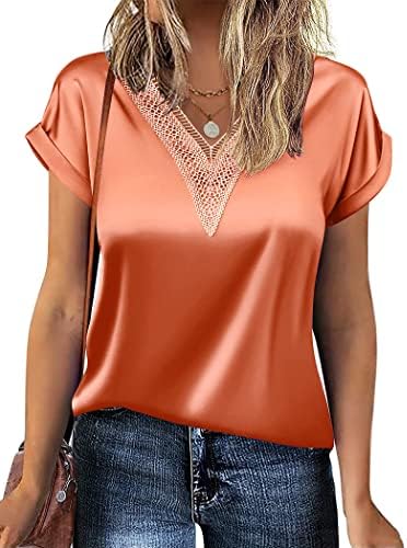 Chigant Silk Blouses for Women Short Sleeve V Neck Tunic Tops Cute Satin Shirt Dressy Orange