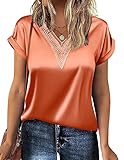 Chigant Satin Shirts for Women Lace Trim V Neck Blouses Short Sleeve Silk Tops Summer Clothes 2024 Orange