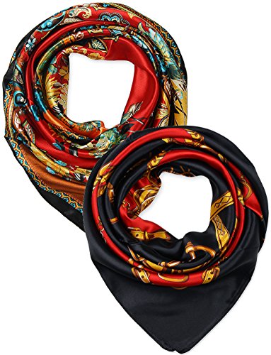 Corciova 2 Pcs 35 Inches Silk Feeling Red Paisley And Black Red Chains Belts Design Square Scarf Hair Scarves cover