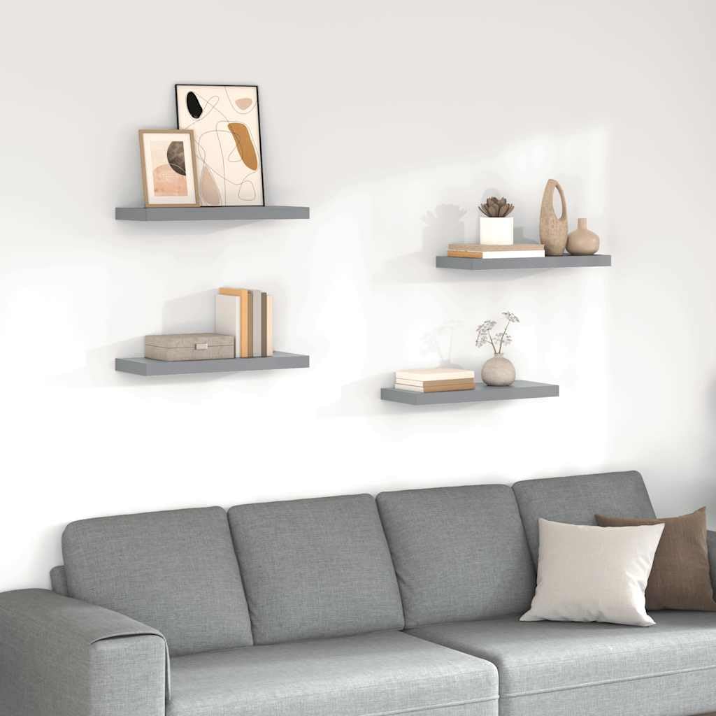 Półki wiszące, 4 szt., szare, 60 x 23,5 x 3,8 cm, MDF, zestaw półek ściennych do sypialni, wytrzymałe półki wiszące na książki i dekoracje, łatwy montaż