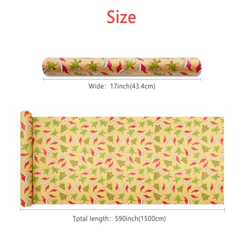 MJNEDY Christmas Wrapping Paper: Kraft Wrapping Paper Roll, Printed Red Green Christmas Tree and Hat, 43cm x 15M, Recyclable Gift Wrapping Paper - Image 2