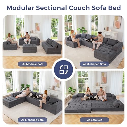 Image of MAXYOYO Modular Sectional Sofa Couch, Foldable U Shaped Cloud Couch with Pillows, Tufted 7-Seat Boneless Lounger Floor Sofa Bed for Living Room, No Assembly Required, Dark Grey