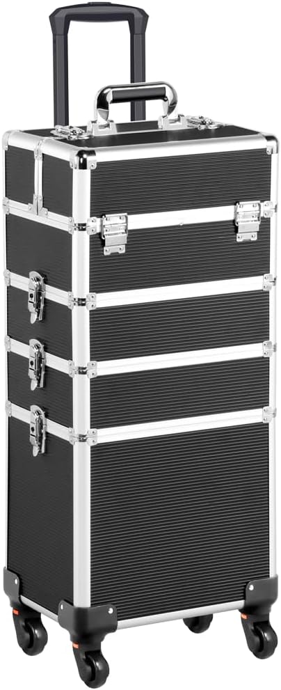 4 in 1 Beauty Case Rolling Cosmetics Organiser Makeup Vanity Case Lockable Hairdressing Trolley Black