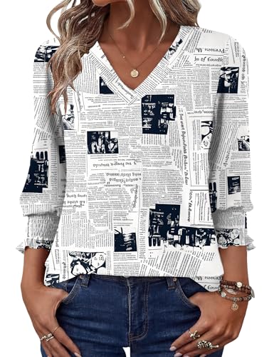 Rapbin 3/4 Length Sleeve Womens Tops Summer Loose V-Neck Tshirts Shirts Puff Sleeve Boutique Tunic Cute Blouses (Newspaper Printed Large)