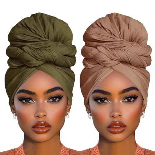 COOKOO 2 Piece Stretch Head Wraps Jersey Turban Long Solid Color African Women's Head Scarf Long Scarf Fashion Head Scarfs Lightweight Breathable Headbands for Women(Camel+Army Green) - Main Image
