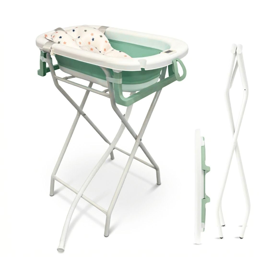 BATHBY | Bañera Plegable para Bebé con Soporte, Cojín Reductor y Termómetro | Set Completo para Recién Nacido | Compacta, Segura y Fácil de Transportar | (Verde SUP)