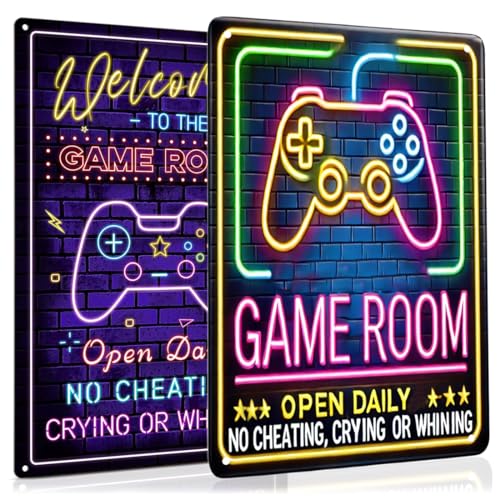 2 Pièces Enseigne en Tôle à Effet Néon, Décoration Gaming Murale, pour Chambre Gamer, Setup, Bar et Fêtes, Idéale pour Gamers et Adolescents, Imitation...