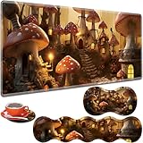 ZHUHEHEAH 大型ゲーミングテーブルパッド 31.5インチ x 11.8インチ + キーボードリストパッド + マウスリストパッド + コースター ノンスリップベース 4イン1セット、人間工学に基づいたメモリーフォーム、タイピングが簡単、痛みの緩和、魅惑的なキノコの家