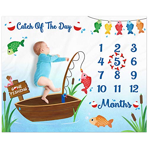 Image of Eunikroko Gone Fishing Baby Monthly Milestone Blanket Little Fisherman Bobber Photo Prop Blanket The Big One Ideas for Newborn Boy and Girl Nursery Décor 40" X 50"