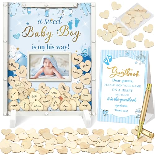 Image of Beeveer 65 Pcs Baby Shower Guest Book Alternatives for Boy Blue Baby Shower Sign in Guest Book with Picture Frame and 60 Wooden Heart Chip and Blue Signature Board Keepsake Gifts
