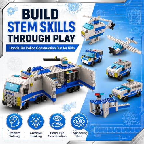Image of SKY LINE OCEAN City Police Mobile Command Truck Building Block Set, 1000+ PCS Police Vehicles, Helicopter & Airplane Construction Kit, STEM Toy for Kids, 5-Year Structural Warranty