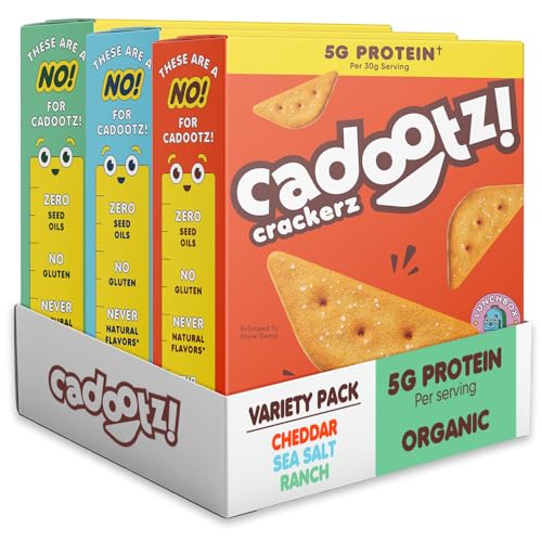 cadootz! Organic Kids Protein Crackers - Variety Pack - 5g Protein Snack, Clean Label, Gluten Free, No Seed Oils, No Artificial Dyes - Healthy School Lunch Snack for Kids - 3 Pack