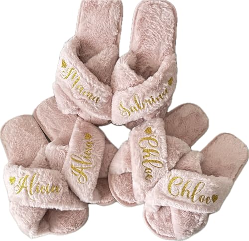 Personalized Bride Fluffy Slippers, Custom Bridesmaid Shoes for Wedding Day, Bachelorette Party Bridal Shower Gift for Bride, Hen Fluffy Slide On Girls Night Sleepover (blush S)