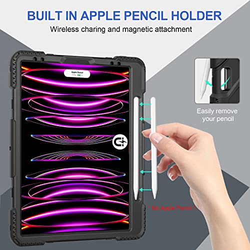 Supfives Ipad Pro 12.9 Case 2022 6Th Generation: Upgraded Military Grade Shockproof Protective Silicone Cover For Ipad 12.9 Inch 5Th Gen 2021-Pencil Holder-Handle-Shoulder Strap-Kick Stand-Black #TOP2