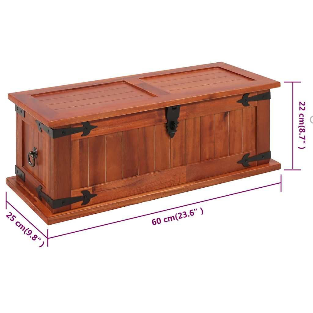 Baúl de almacenamiento de madera maciza de acacia con tablero DM de 60 x 25 x 22 cm, color marrón, con tapa y dos asas para salón, dormitorio, pasillo, ahorro de espacio de almacenamiento y