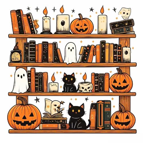 KYOQFVN Bookshelf Stamped Cross Stitch Kits for Adults Beginners - Halloween Counted Cross Stitch Kits - Halloween Embroidery Kits for Beginners Adults Arts Craft 14x14 inch