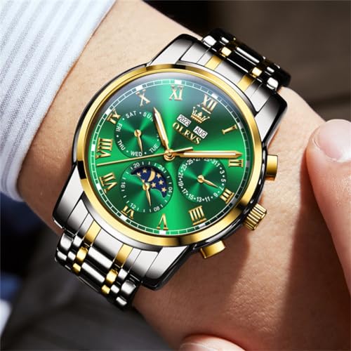 Image of OLEVS Watches for Men Stainless Steel Dress Men Watch with Date Big Face Chronograph Waterproof Luxury Fashion Watch Blue /Black /Gold /Green /Silver Face Relojes para Hombres